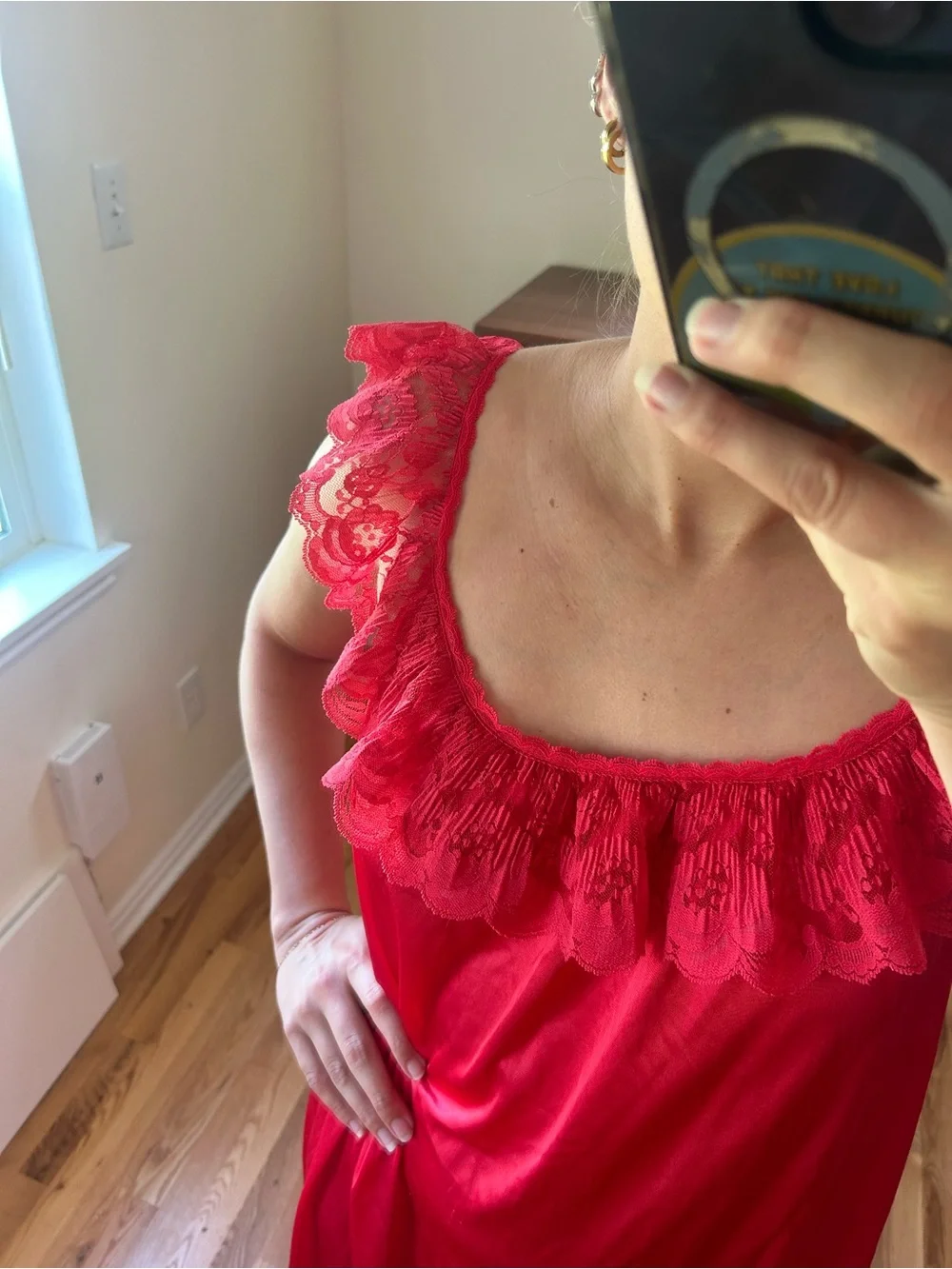 Vintage Red Lace-Trim Long Nightgown - Picture 6 of 8